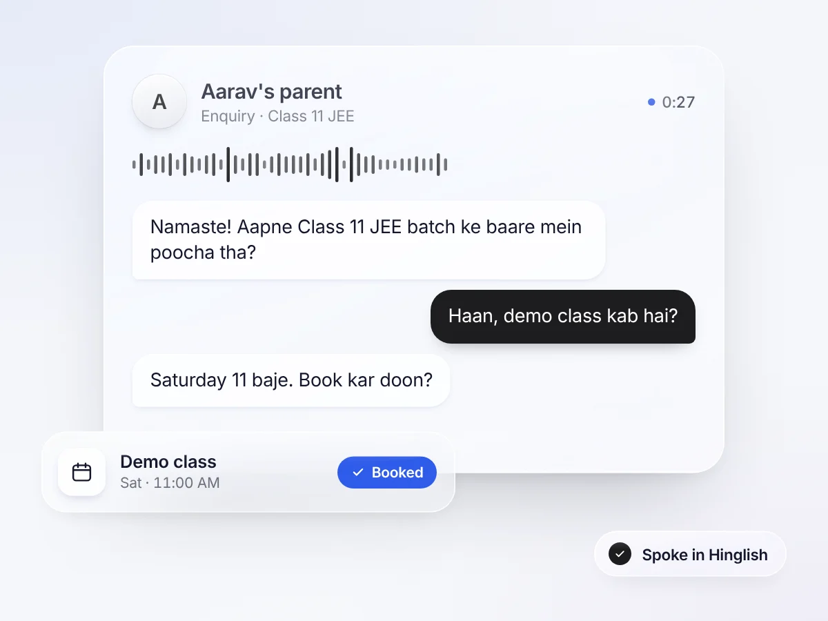HEDA answering a parent's admission enquiry and booking a demo class