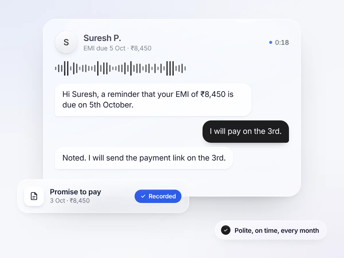 HEDA reminding a borrower about an EMI and recording a promise to pay